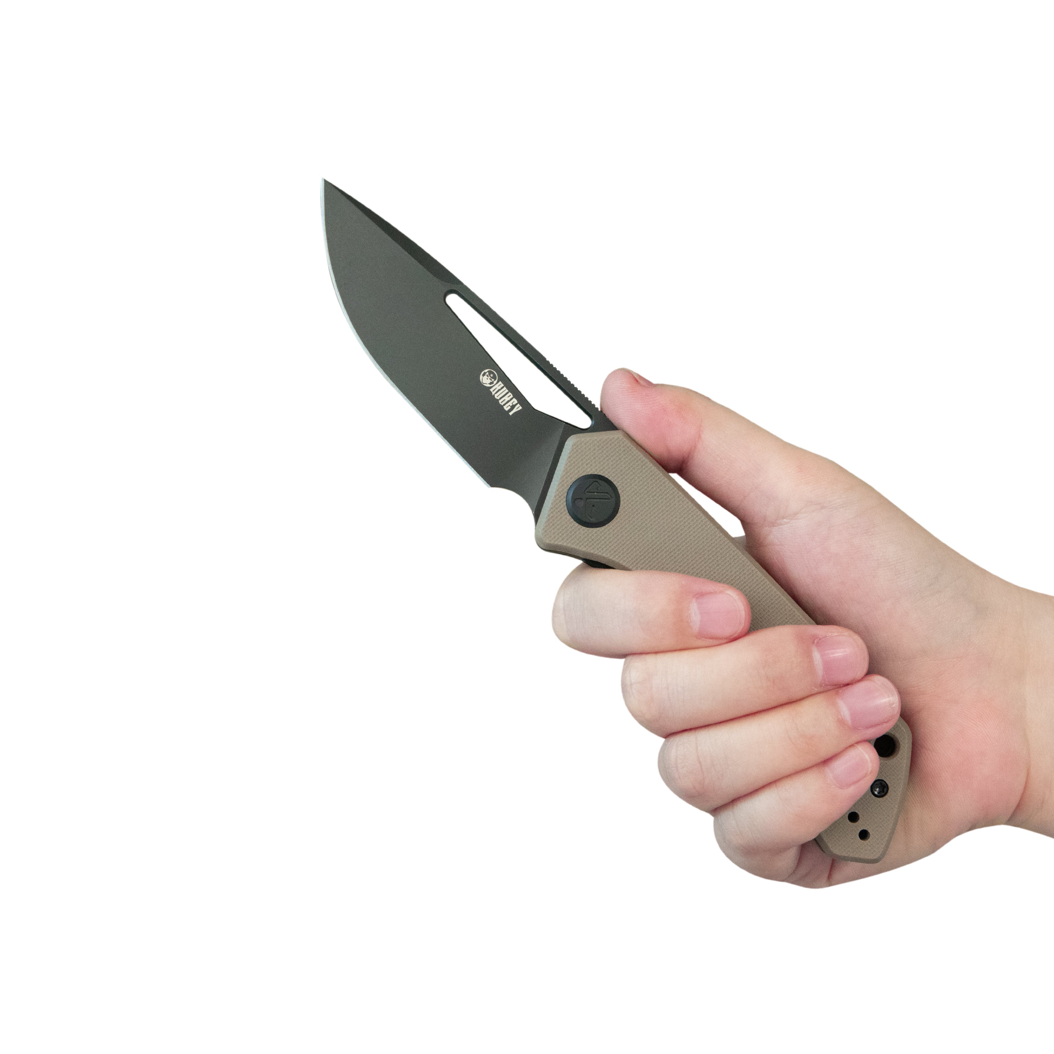 Kubey Thalia Front Flipper EDC Pocket Folding Knife Tan G10 Handle 3.27" Blackwash 14C28N KU331U