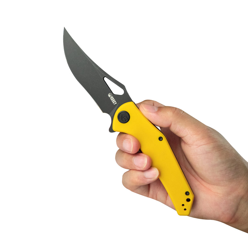 Phemius Liner Lock Folding Pocket Knife Yellow G10 Handle 3.66" Blackwash 14C28N KU149E