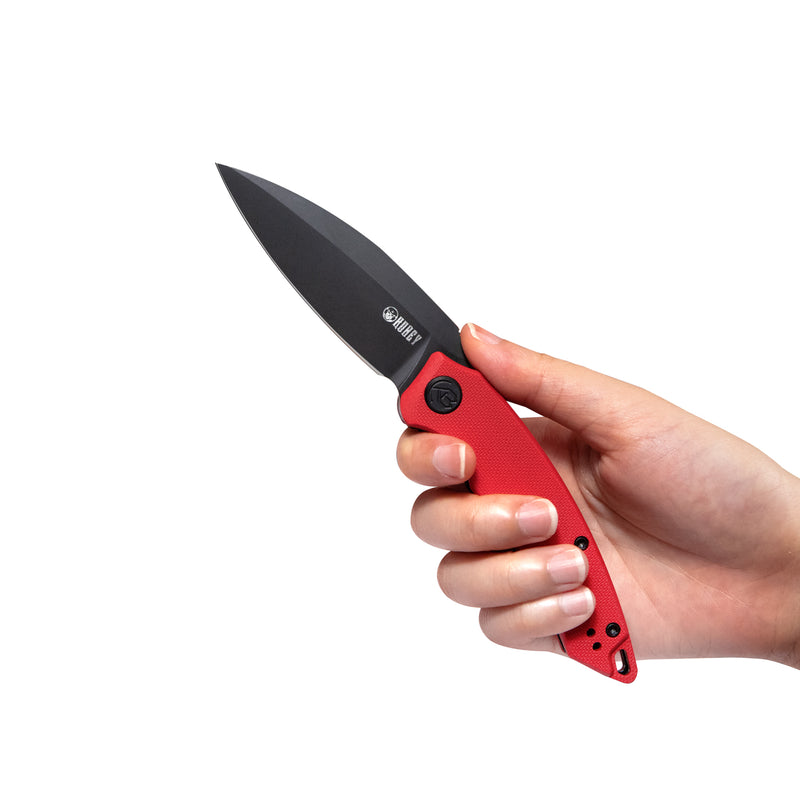 Leaf Liner Lock Front Flipper Folding Knife Red G10 Handle 2.99" Black Stonewashed AUS-10 KU333B