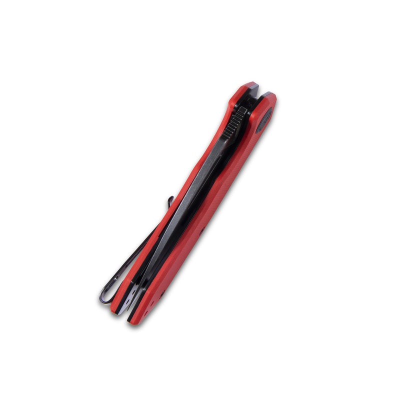 Coeus Liner Lock Thumb Open Folding Knife Red G10 Handle 3.11" Dark Stonewashed D2 KU122H