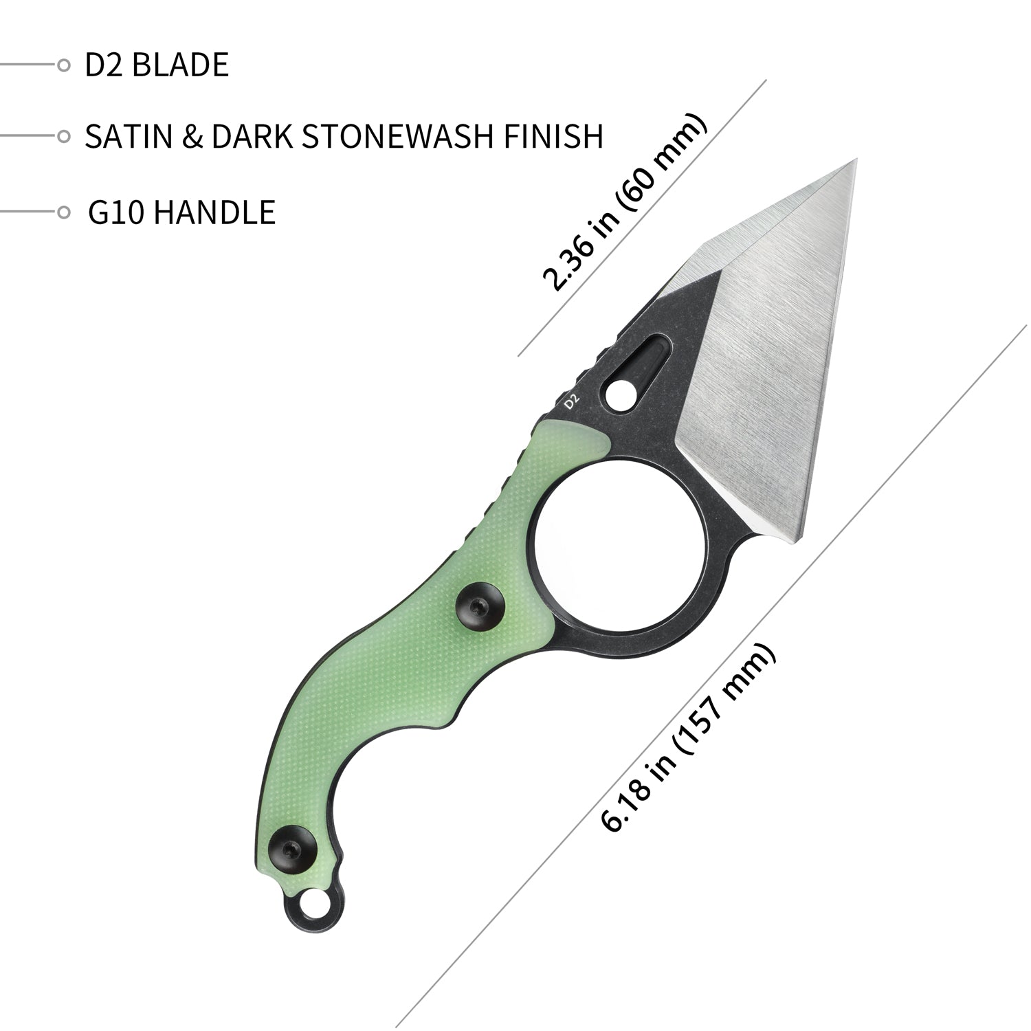 Hippocam EDC Fixed Blade Knife Jade G10 Handle 2.3" Satin D2 KU166B