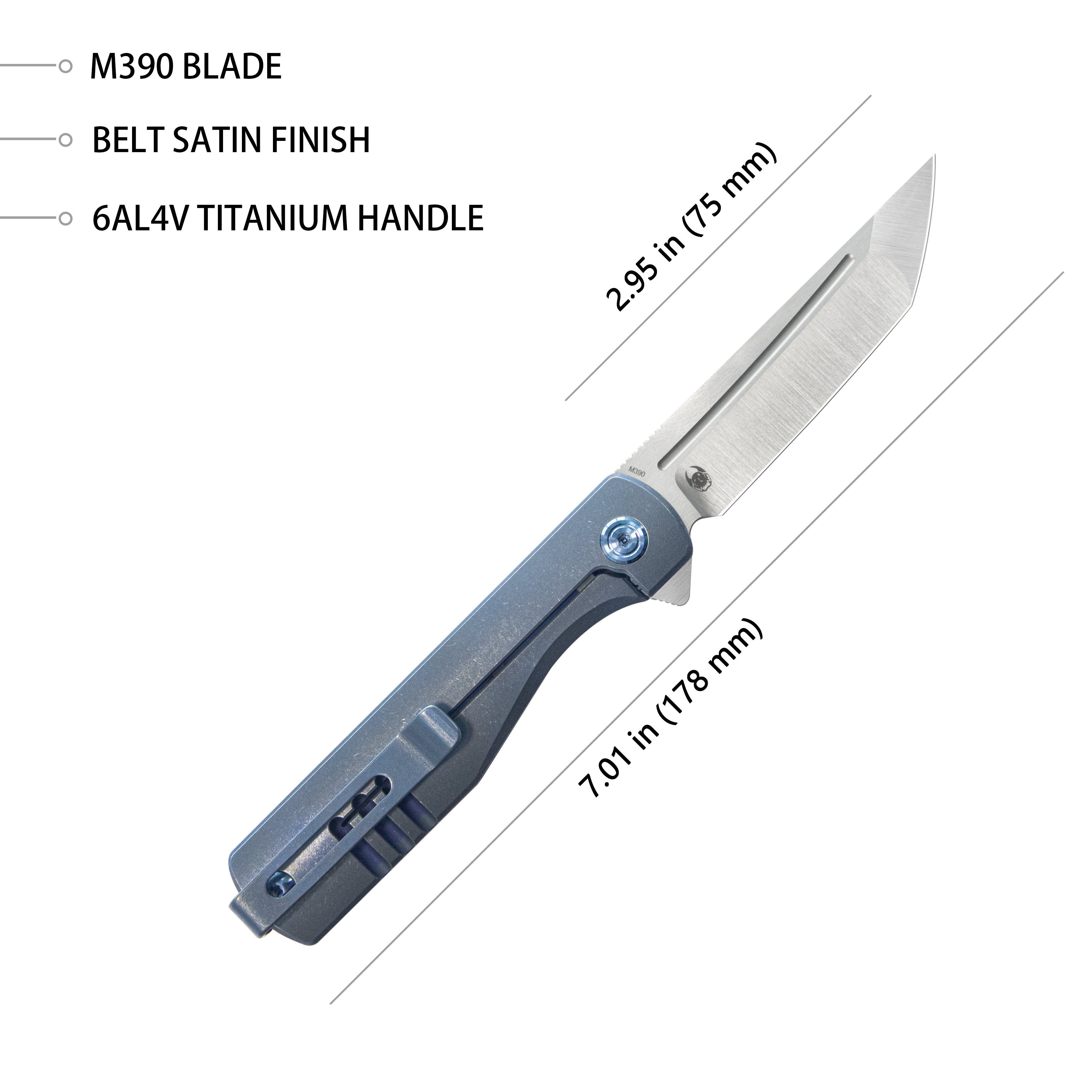 Musō Flipper Everyday Carry Knife Blue Titanium Handle 2.95" Tanto Belt Satin M390 Blade KB244B