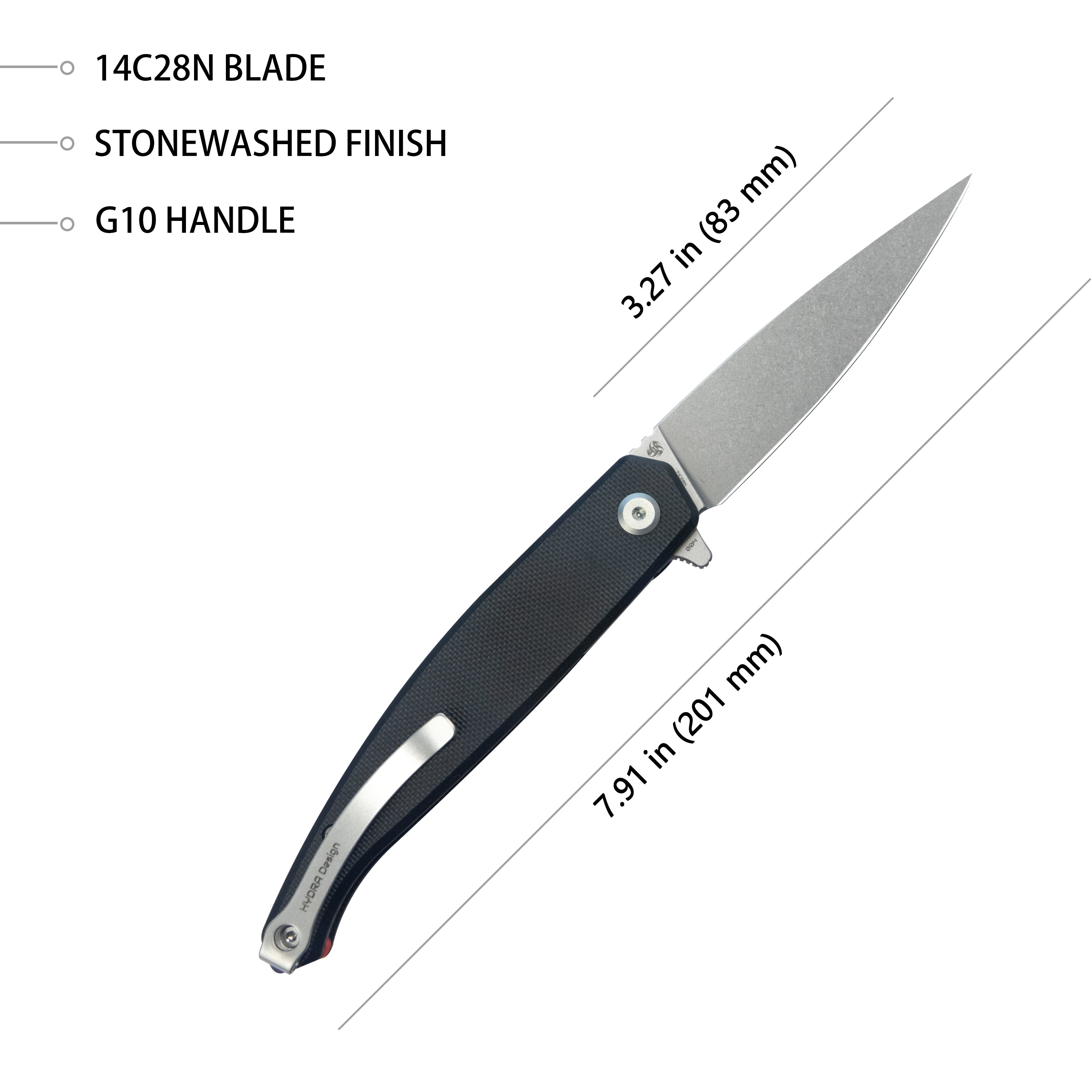 MOS Hydra Design Outdoor Flipper Folding Knife Black G-10 Handle 3.27" Stonewash 14C28N Blade KU361A