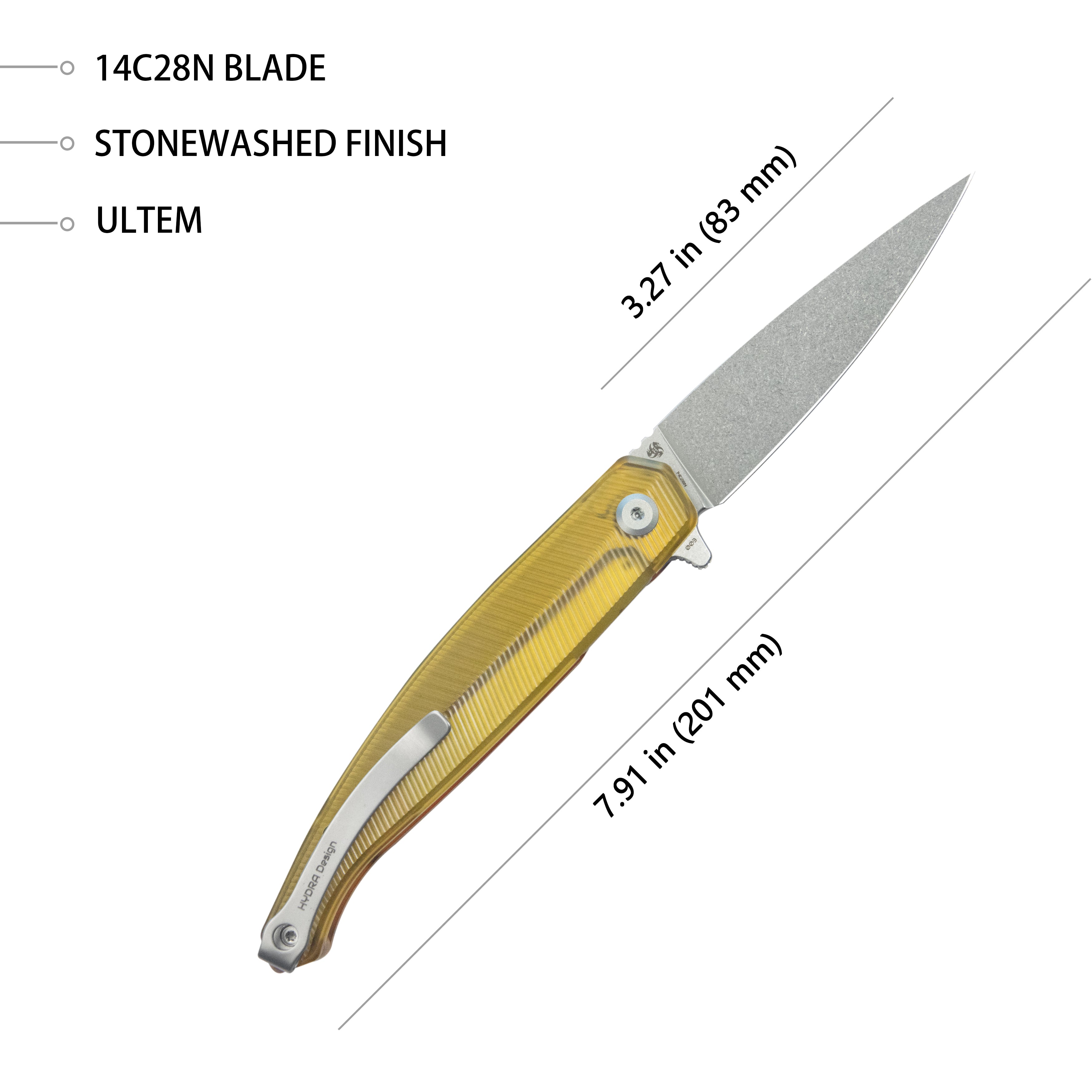MOS Hydra Design Outdoor Flipper Folding Knife Ultem Handle 3.27" Stonewash 14C28N Blade KU361D