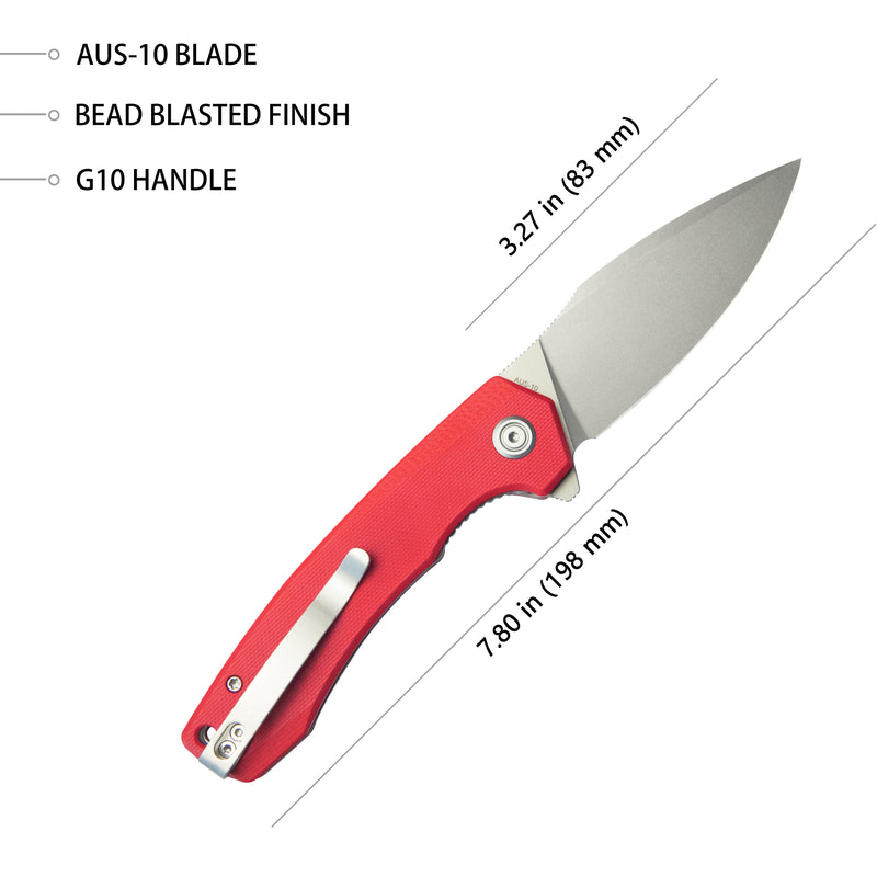 Calyce Liner Lock Flipper Folding Knife Red G10 Handle 3.27" Bead Blasted AUS-10 KU901J