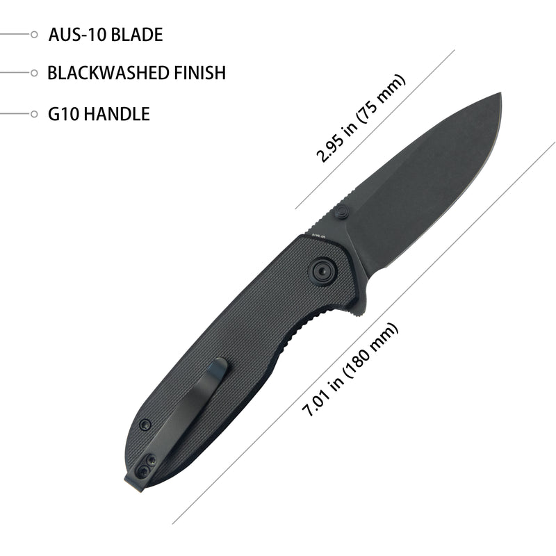 Belus Thumb Stud Everyday Carry Pocket Knife Black G10 Handle 2.95" Blackwashed AUS-10 Blade KU342E