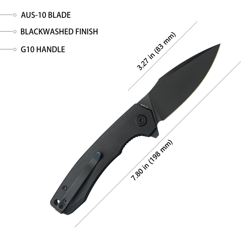 Calyce Liner Lock Flipper Folding Knife Black G10 Handle 3.27" Blackwashed AUS-10 KU901L