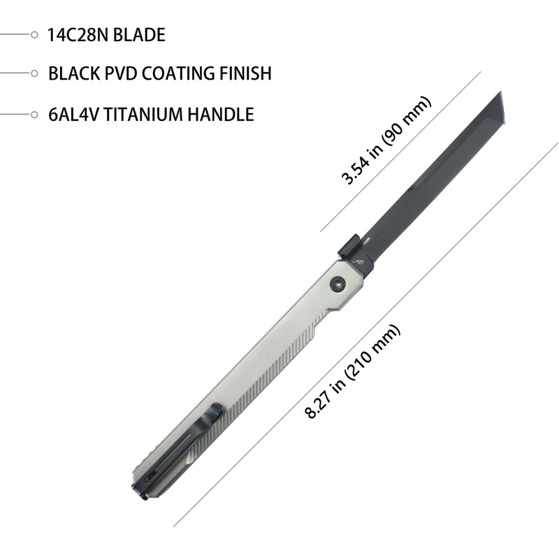 Prism Button Lock CEO Style Folding Knife Silver Grey 6AL4V Titanium Handle 3.54'' Black Coating 14C28N KB243B
