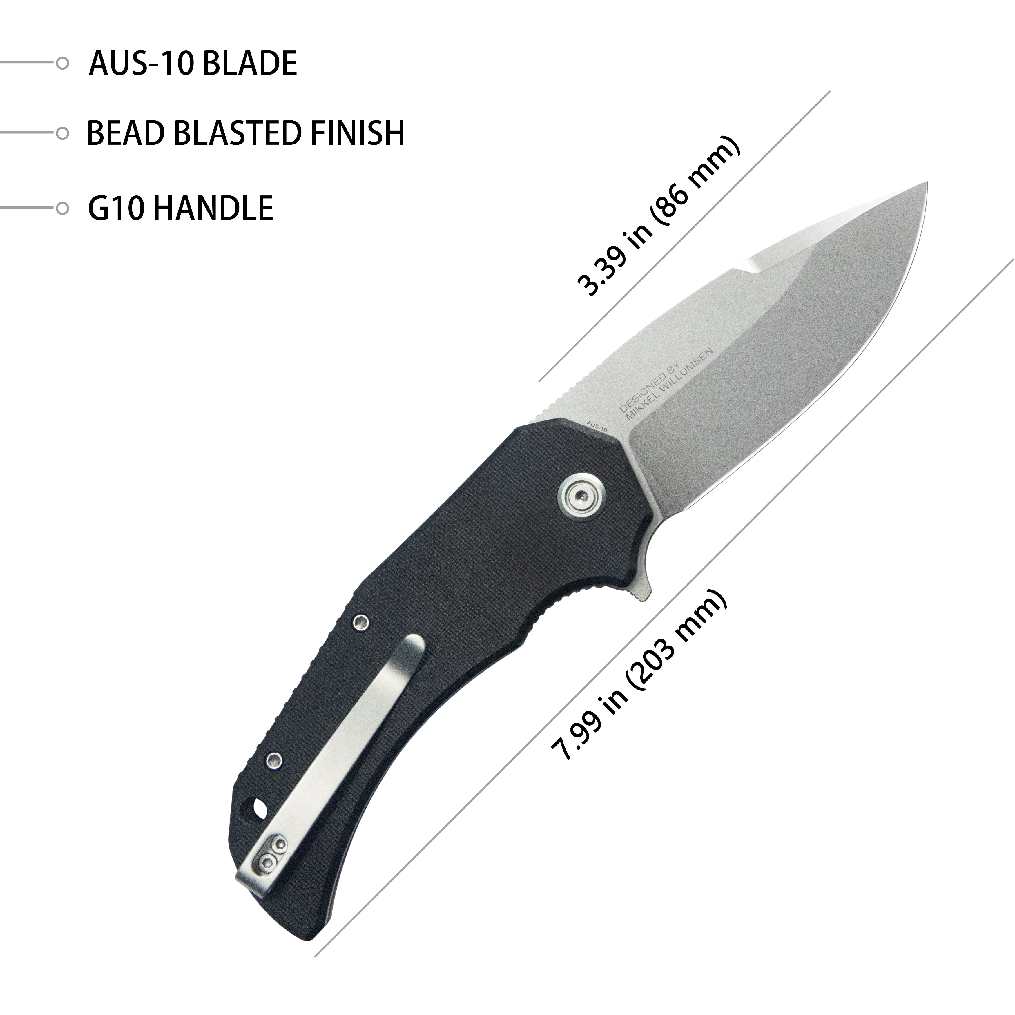 Mikkel Willumsen Design Bravo one Drop Point Outdoor Folding Camping Knife Black G10 Handle 3.39" Beadblast AUS-10 KU319H