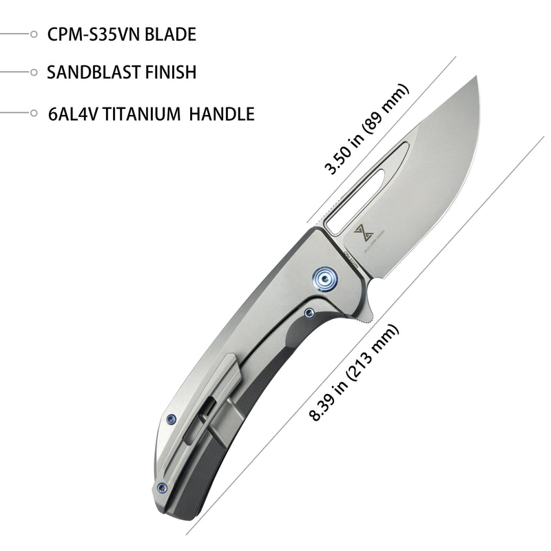 Hyperion Frame Lock Tactical Knife Gray 6AL4V Titanium Handle 3.5" Sandblast CPM-S35VN KB368A