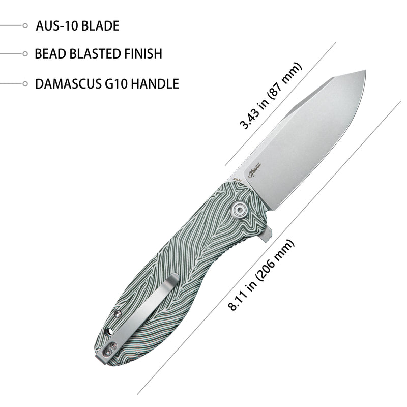 Master Chief Outdoor Folding Pocket Knife Green and White Damascus G10 Handle 3.43" Beadblast AUS-10 KU358B