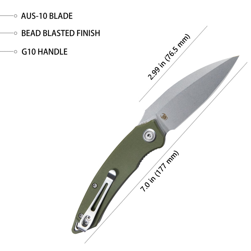 Leaf Liner Lock Front Flipper Folding Knife Green G10 Handle 2.99" Bead Blasted AUS-10 KU333E