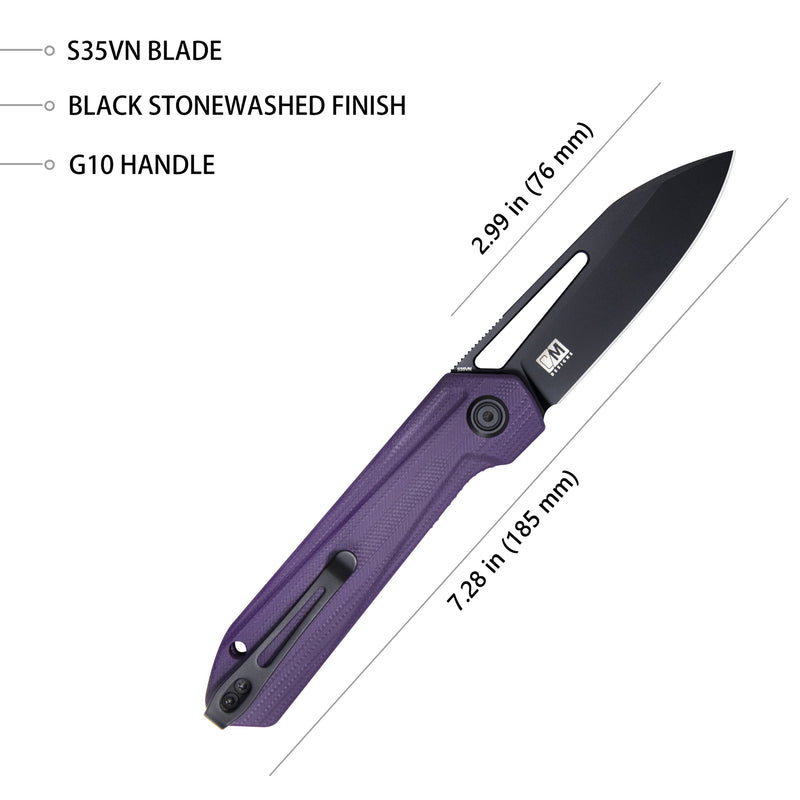 Royal Nest Liner Lock EDC Pocket Knife Front Flipper Purple G10 Handle 2.99" Dark Stonewashed S35VN KU321G