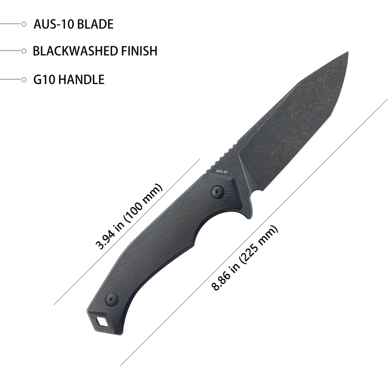 Swordfish Outdoor Fixed Blade Knife Black G10 Handle 4.1" Blackwash AUS-10 KU184F