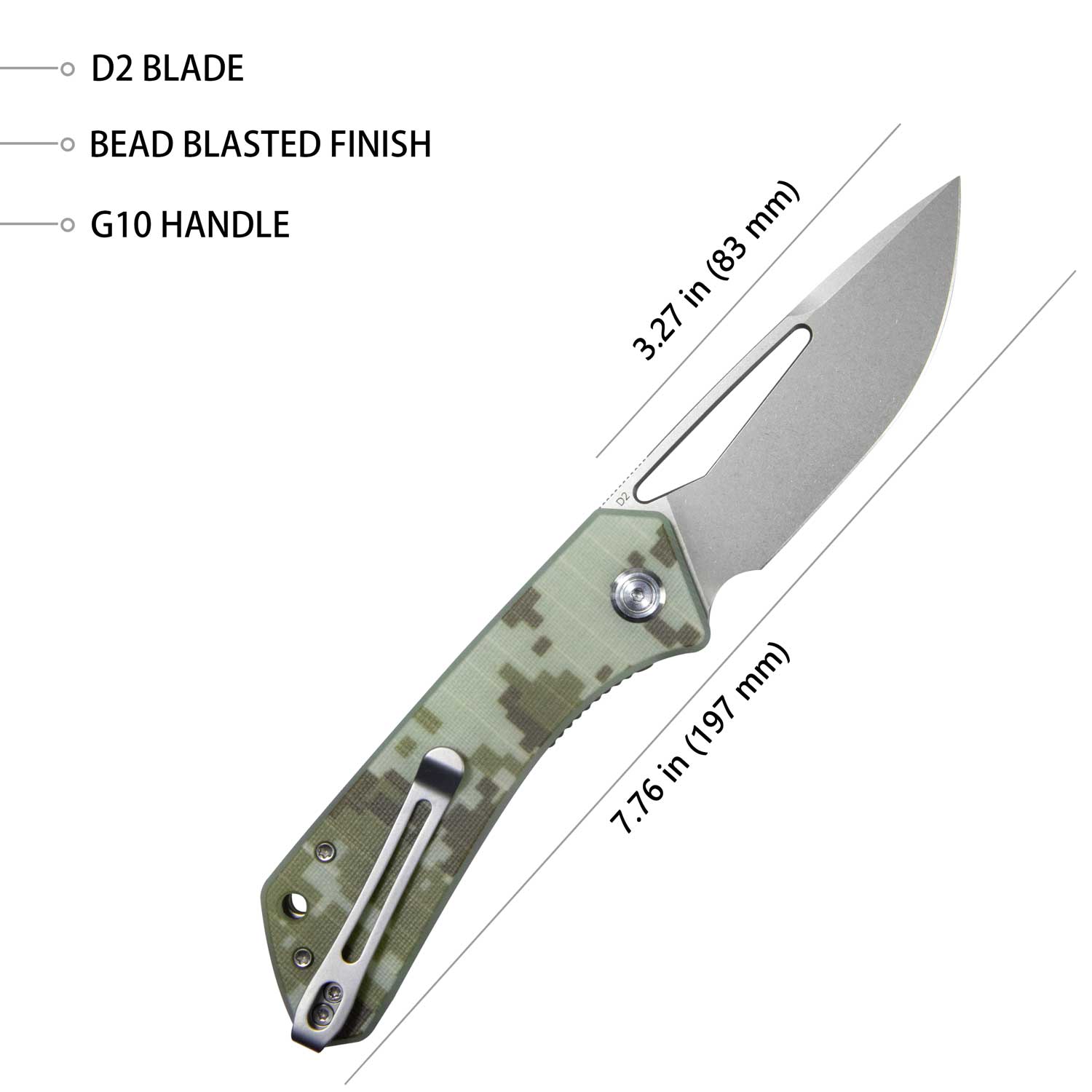Kubey Thalia Klappmesser Front Flipper EDC Pocket Folding Knife Camo G10 Handle 3.27" Bead Blasted D2 KU331I
