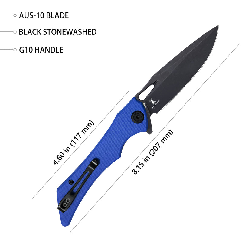 Raven Liner Lock Flipper Knife Blue G10 Handle 3.5" Dark Stonewashed AUS-10 KB245H