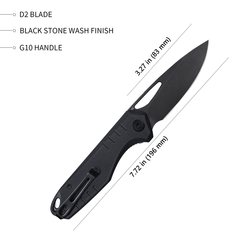 Doris Liner Lock Front Flipper Folding Knife Black G10 Handle 3.27" Darkwashed D2 KU324E