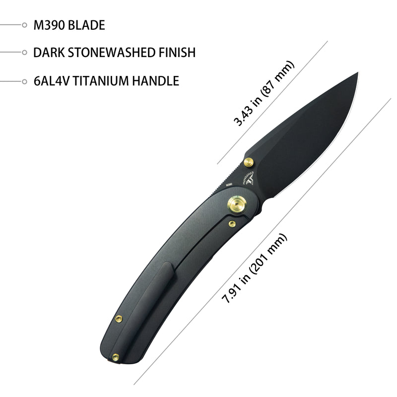 Momentum Frame Lock Front Flipper Pocket Folding Knife Black Titanium Handle 3.43" Blackwash M390 KB386B