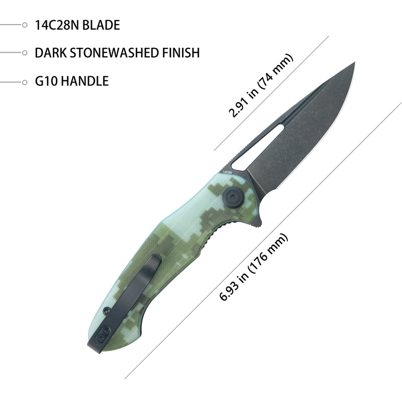 Dugu Liner Lock Folding Knife Camo G10 Handle 2.91'' Blackwash 14C28N Blade KU210L