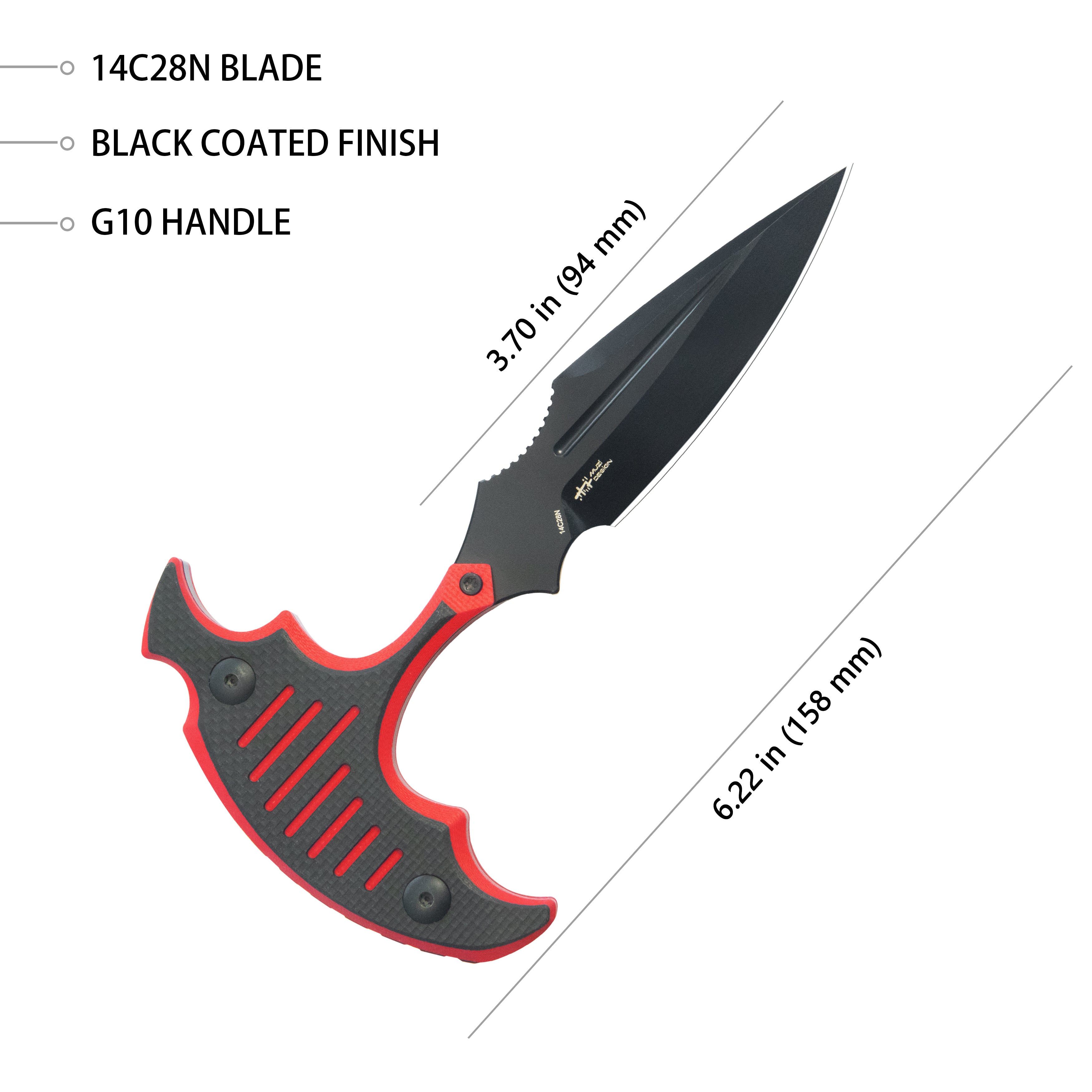Medusa Push Dagger Fixed Blade Outdoor Knives w/ Kydex Sheath Red Black G-10 Black Coating 14C28N KU242B