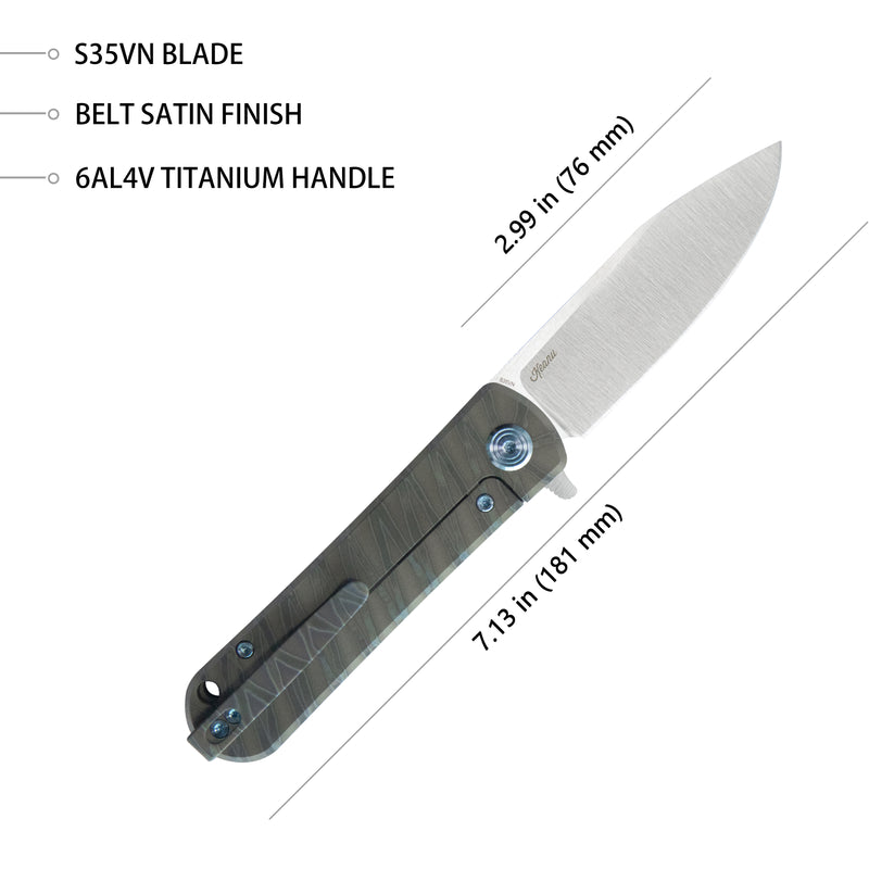 NEO Flipper Folding Pocket Knife Flame Titanium Handle 2.99" Belt Satin S35VN Blade KB359B