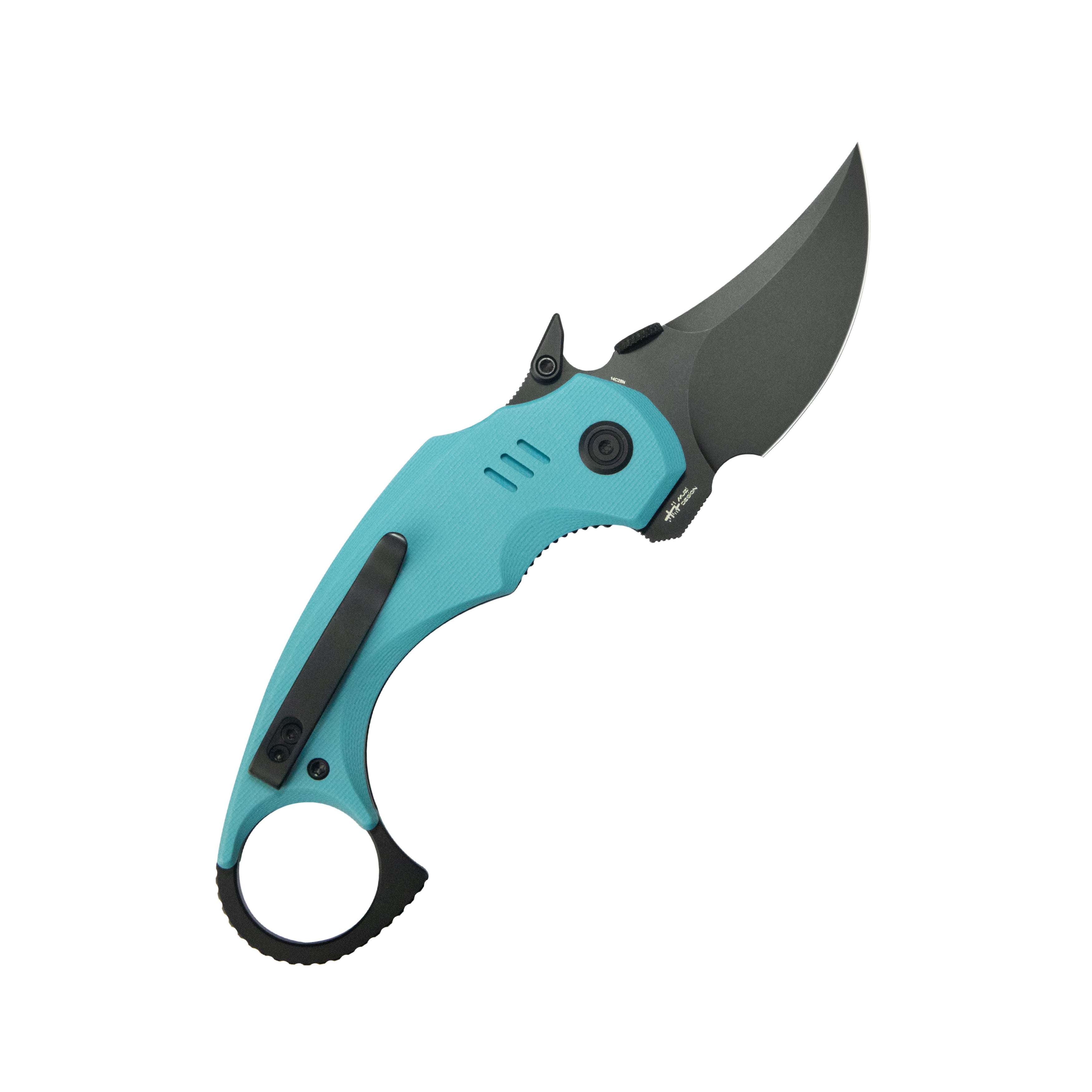 Kubey Jaw Pikal Karambit Folding Knife Tiffany Blue G-10 Handle 2.52" Blackwash 14C28N Blade KU440D