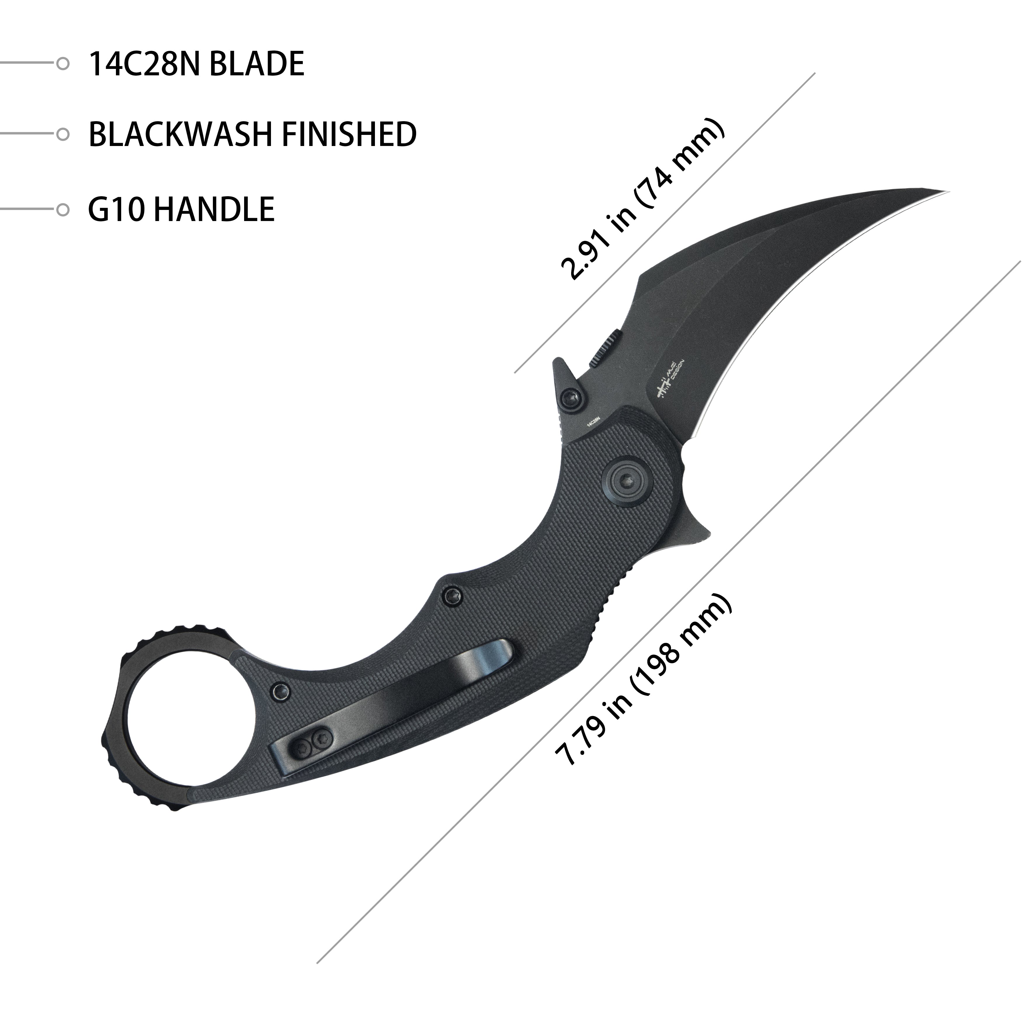 Rogue Recurve Karambit Folding Knife Black G10 Handle 2.91" Blackwash 14C28N Blade KU298B