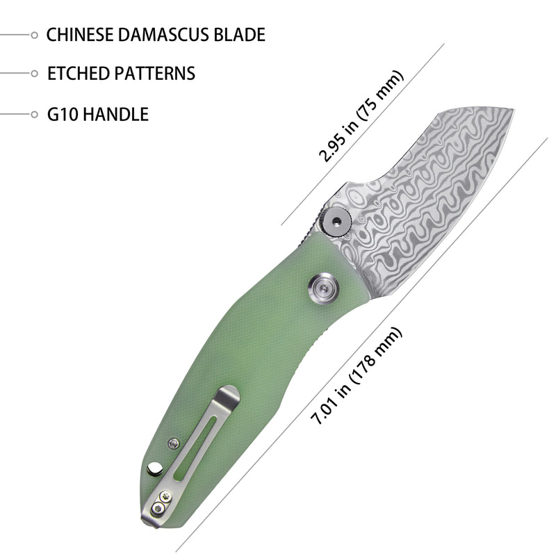 Monsterdog Liner Lock Folding Knife Jade G10 Handle 2.95" Damascus KU337D