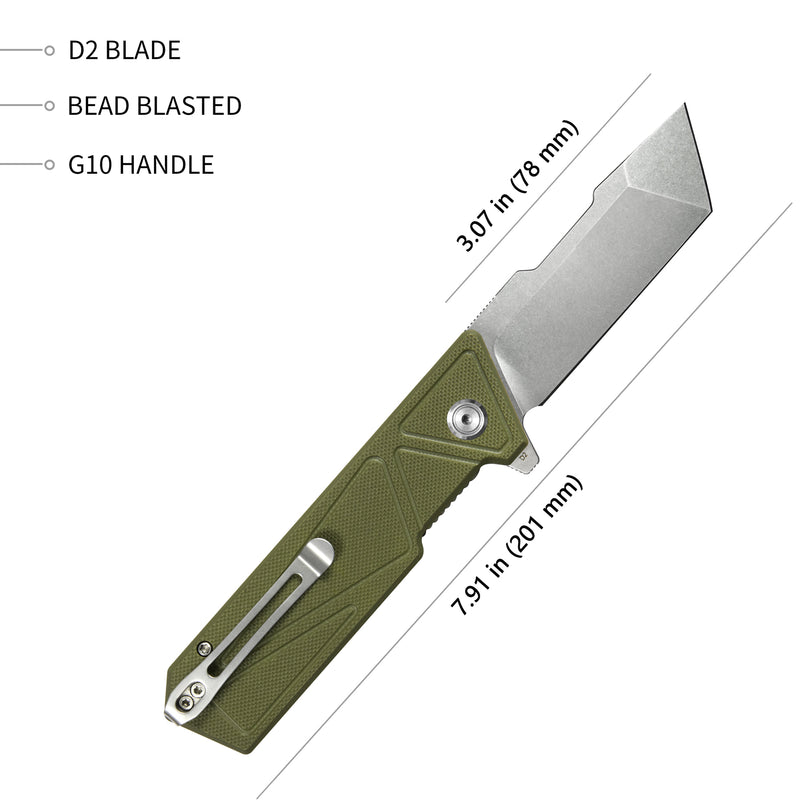 Avenger Outdoor Edc Folding Pocket Knife Green G10 Handle 3.07" Bead Blasted D2 KU104B
