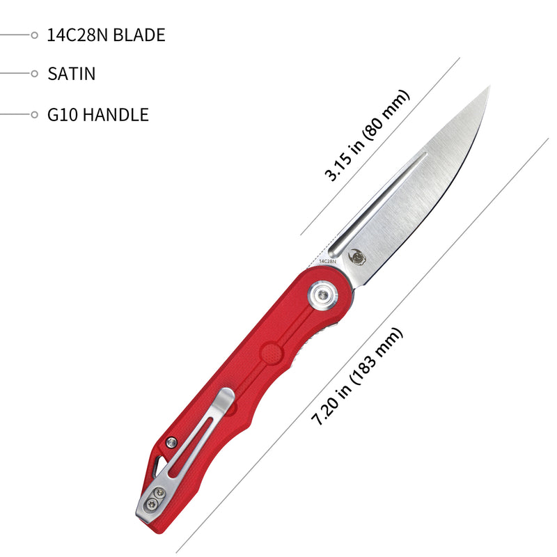 Mizo Liner Lock Front Flipper Folding Knife Red G10 Handle 3.15" Satin 14C28N KU2101C