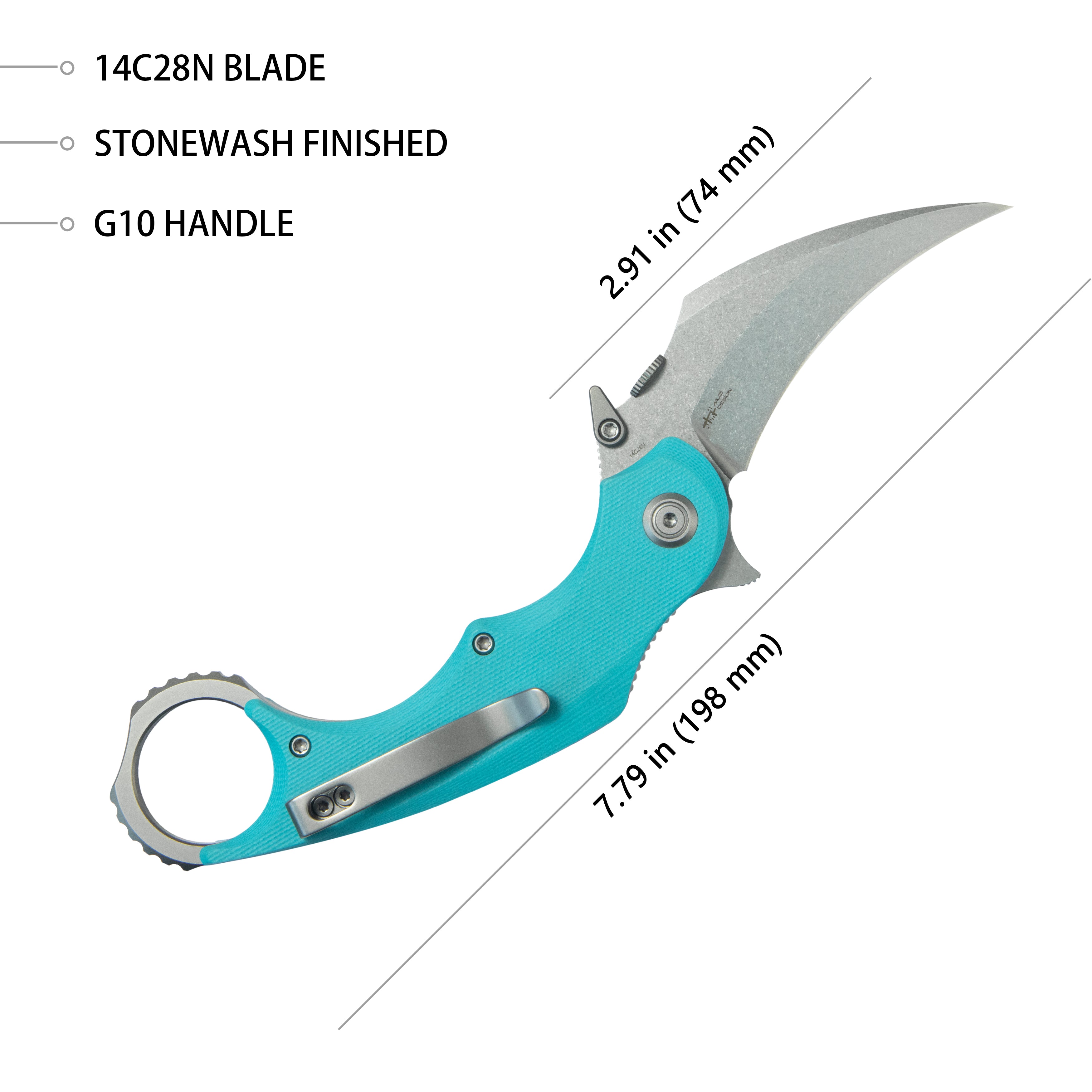 Rogue Pikal Karambit Folding Knife Tiffany Blue G10 Handle 2.91" Stonewash 14C28N Blade KU298C