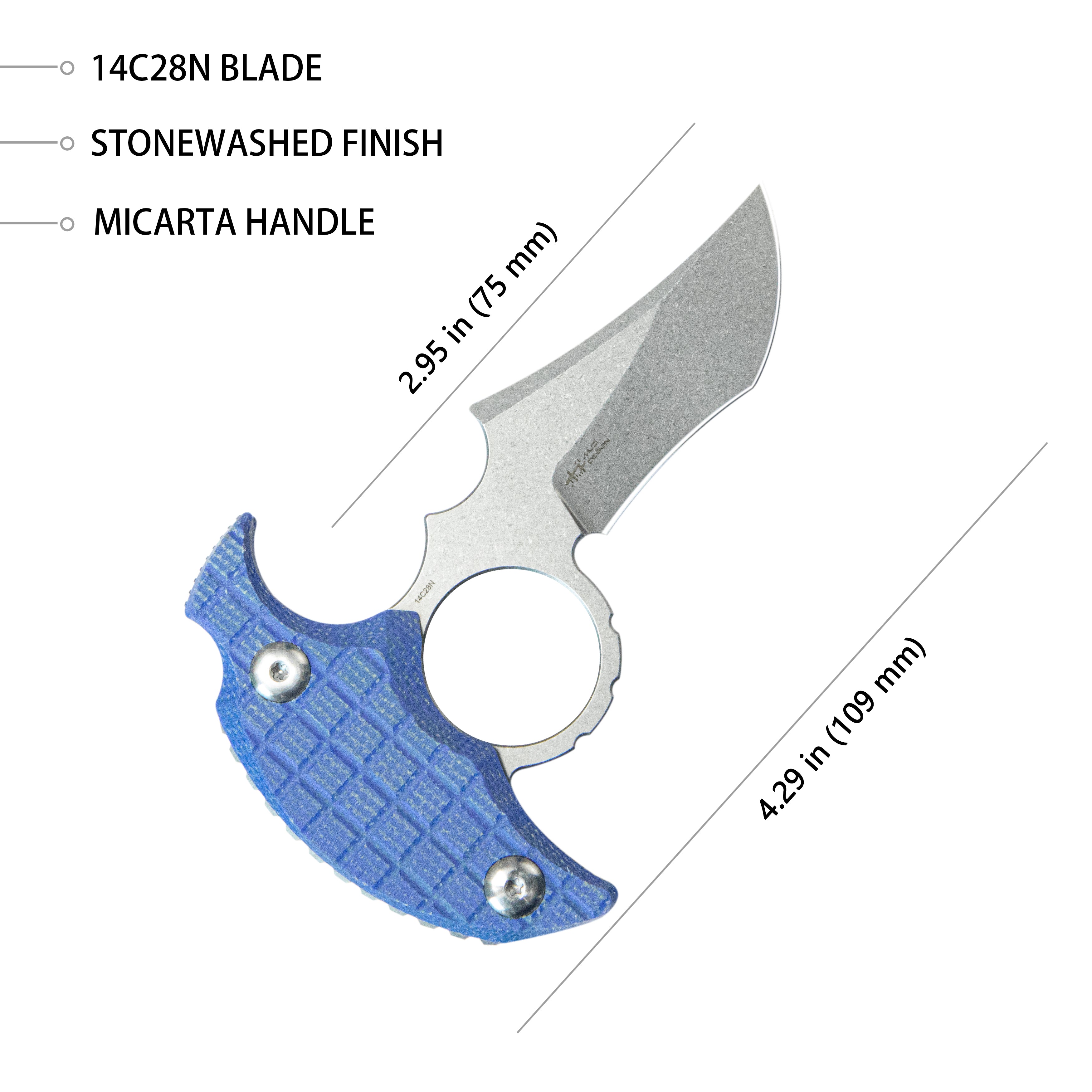 Kubey Stheno Fixed Blade Knife Blue Micarta Handle 2.95'' Stonewash 14C28N Blade KU404D