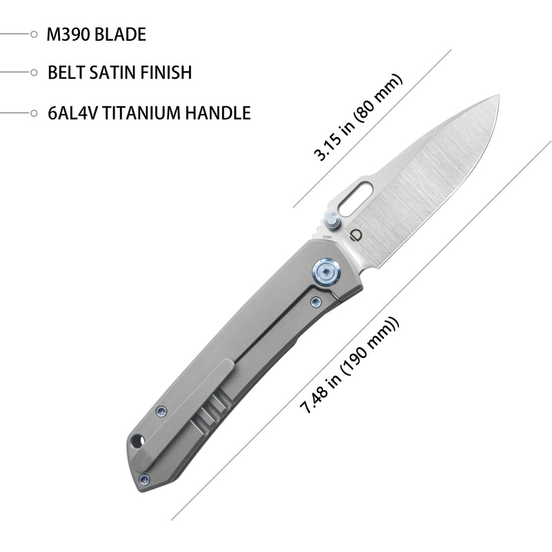 Blackout Frame Lock Folding Knife Gray Titanium Handle 3.15" Belt Satin M390 KB259A