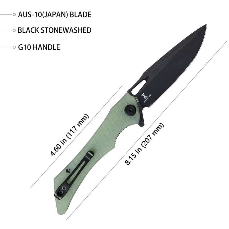 Raven Liner Lock Flipper Knife Jade G10 Handle 3.5" Dark Stonewashed AUS-10 KB245G