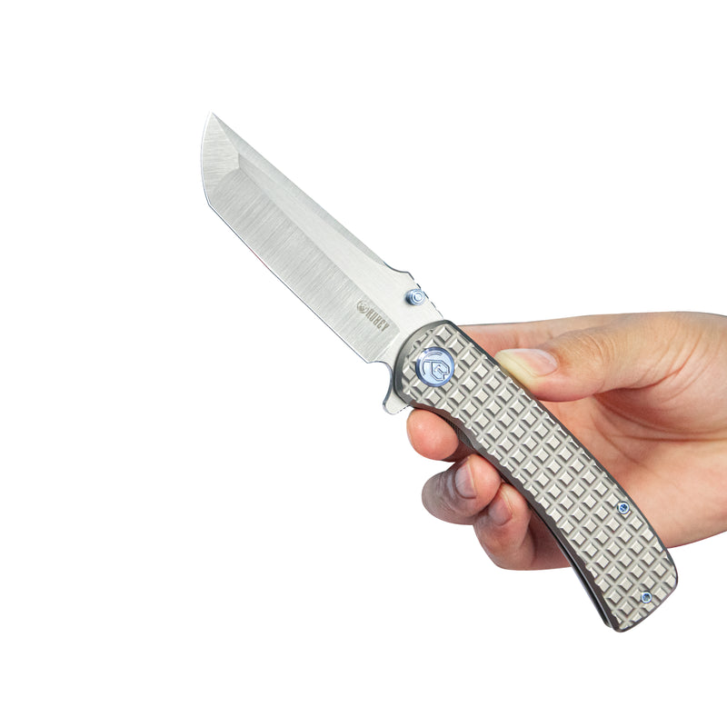 Interflow Tactical Folding Knife Flipper Folder Grey Titanium Handle 3.50" Belt Satin Bohler M390 Blade KB294A