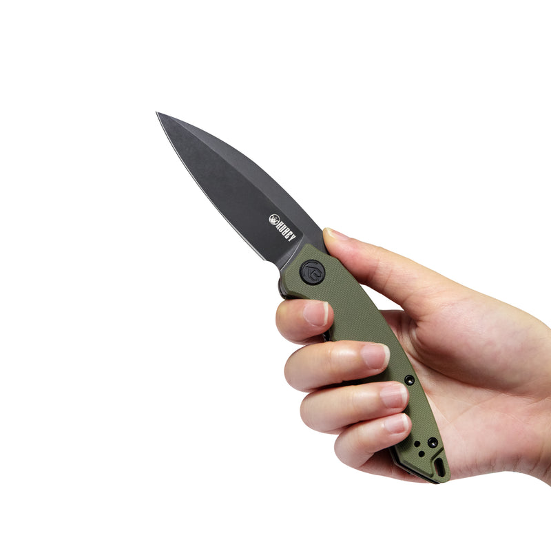Leaf Liner Lock Front Flipper Folding Knife Green G10 Handle 2.99" Black Stonewashed AUS-10 KU333C