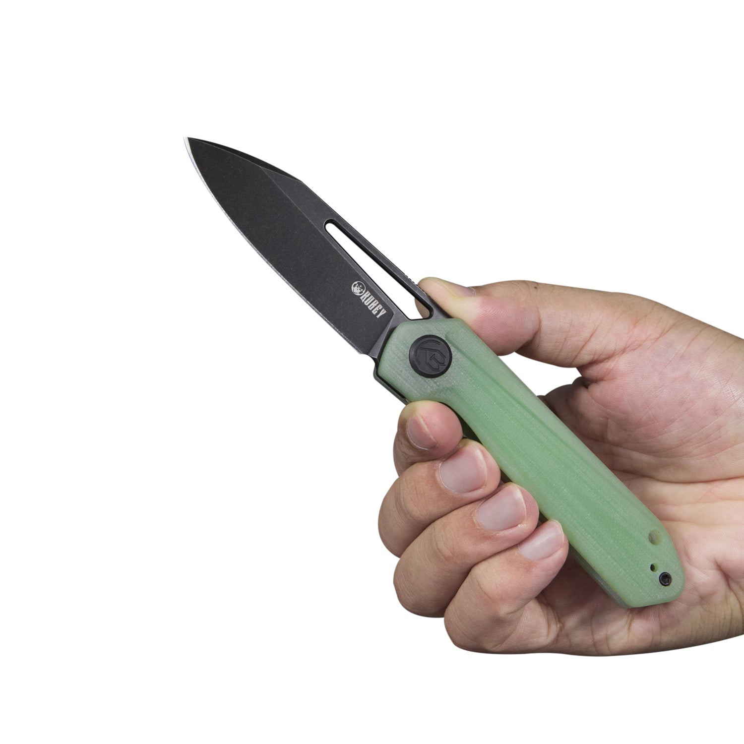 Kubey Royal Nest Klappmesser Liner Lock EDC Pocket Knife Front Flipper Jade G10 Handle 2.99" Dark Stonewashed D2 KU321C