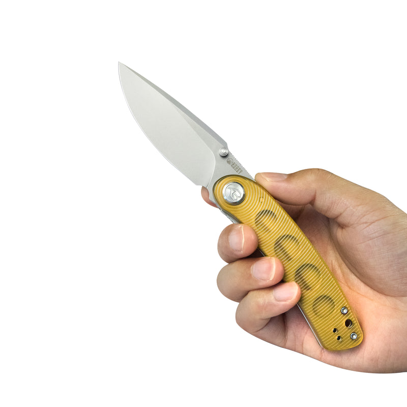 Momentum Sherif Manganas Design Liner Lock Front Flipper / Dual Studs Open Folding Knife Ultem Handle 3.43" Bead Blasted AUS-10 KU344M