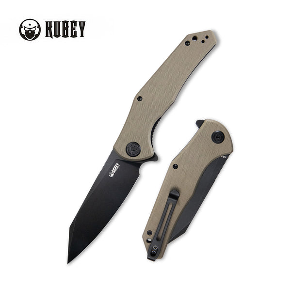 Kubey Flash Klappmesser Liner Lock Flipper Folding Knife Tan G10 Handle 3.82" Blackwashed AUS-10 KU158J
