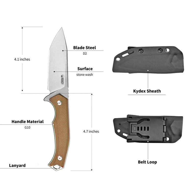 Swordfish Outdoor Gear Fixed Blade Knife Tan G10 Handle 4.7" Stonewashed D2 KU184B