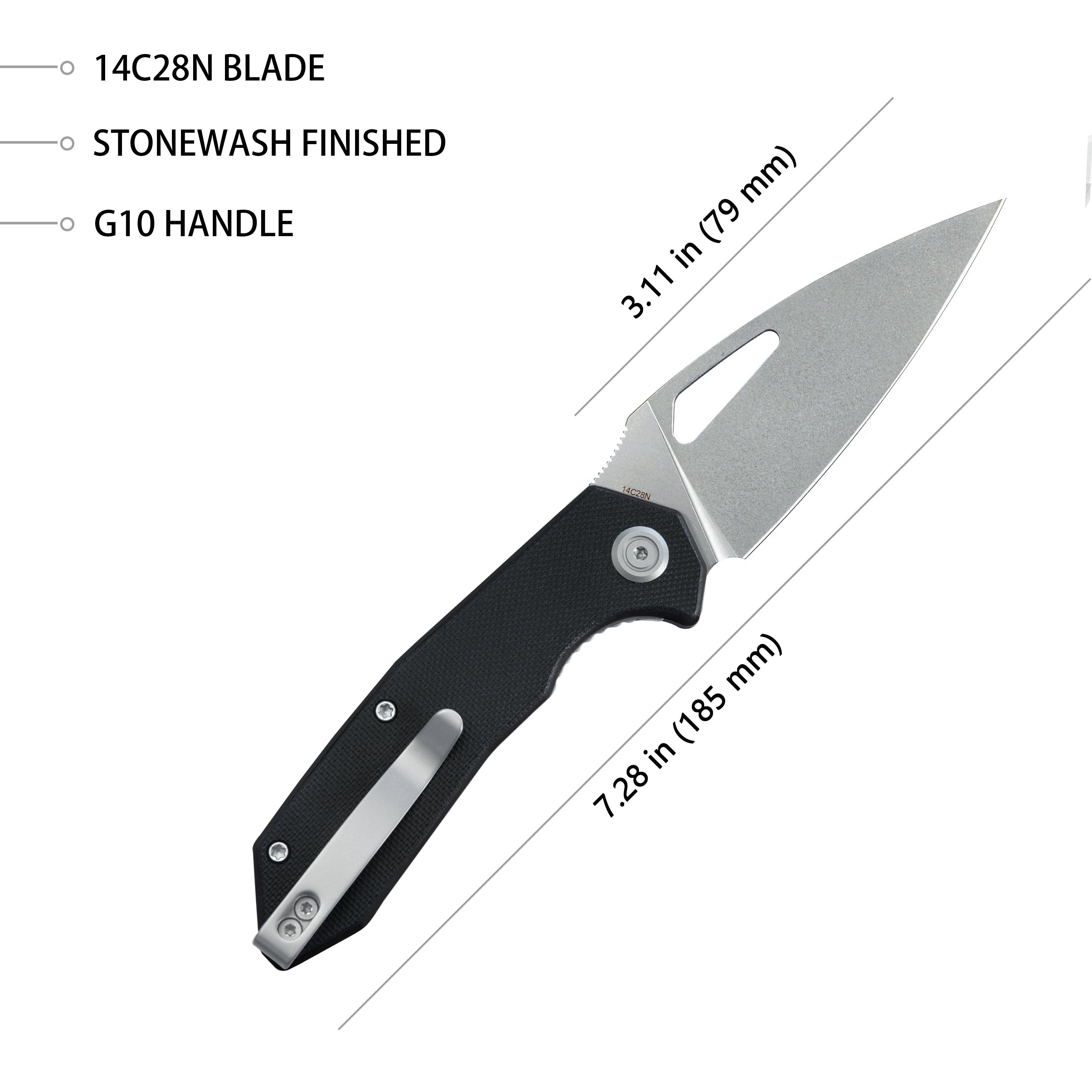 Coeus Liner Lock Thumb Open Folding Knife Black G10 Handle EDC knives 3.11" Stonewash 14C28N KU122U