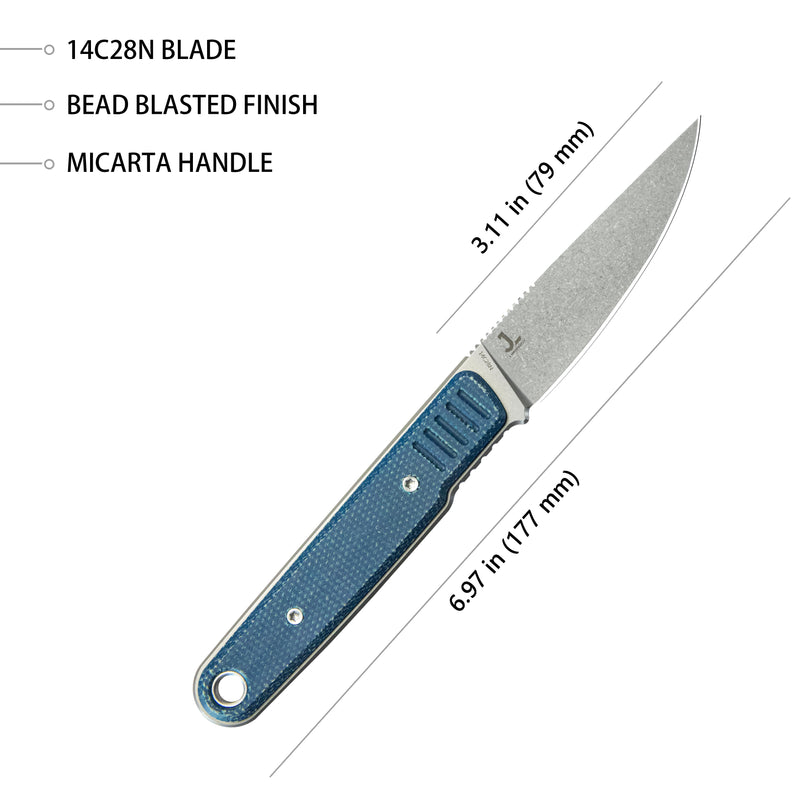 JL Drop Point Fixie Everyday Carry Fixed Blade Knife Blue Micarta Handle 3.11" Beadblast 14C28N KU356B