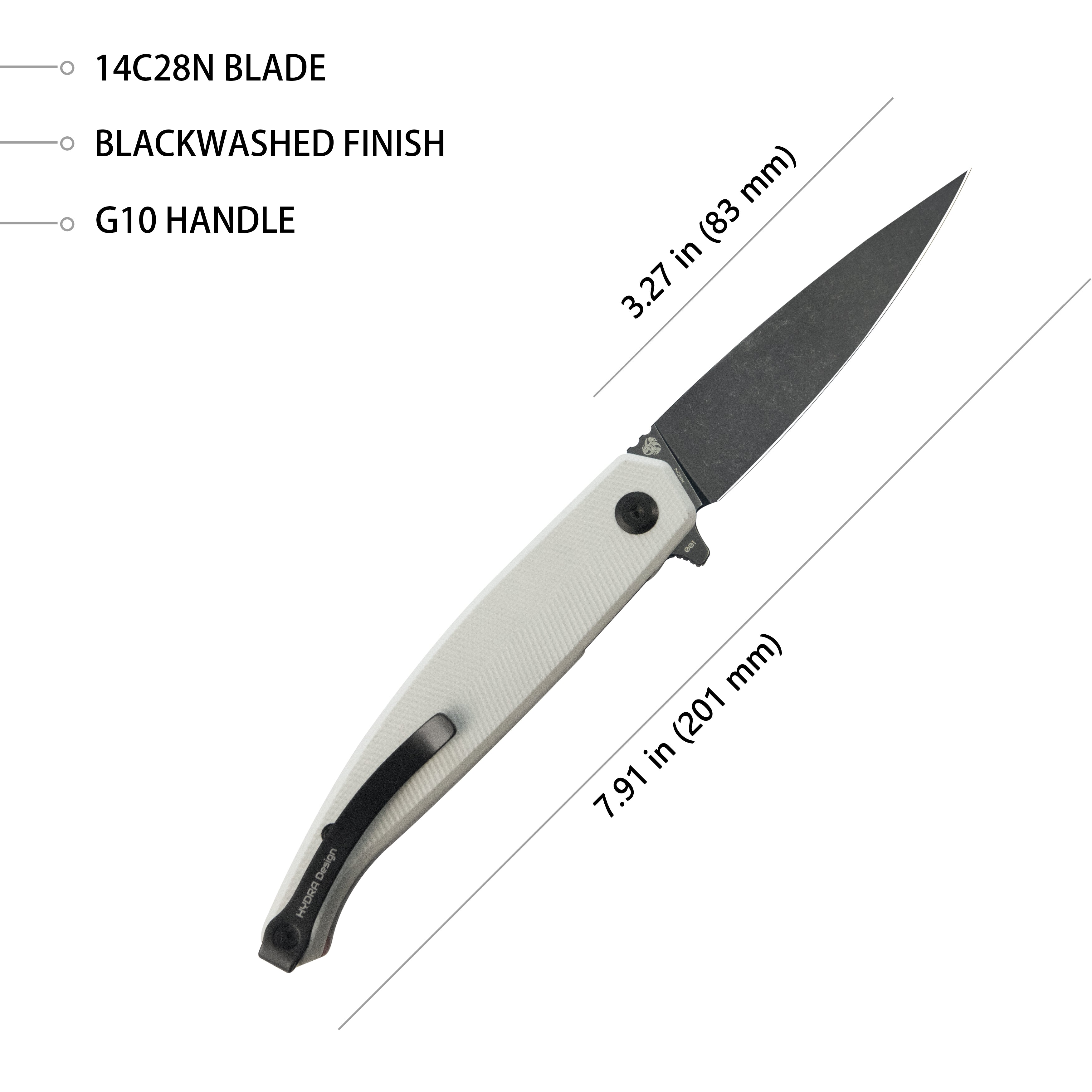 MOS Hydra Design Outdoor Flipper Folding Knife White G-10 Handle 3.27" Blackwash 14C28N Blade KU361B
