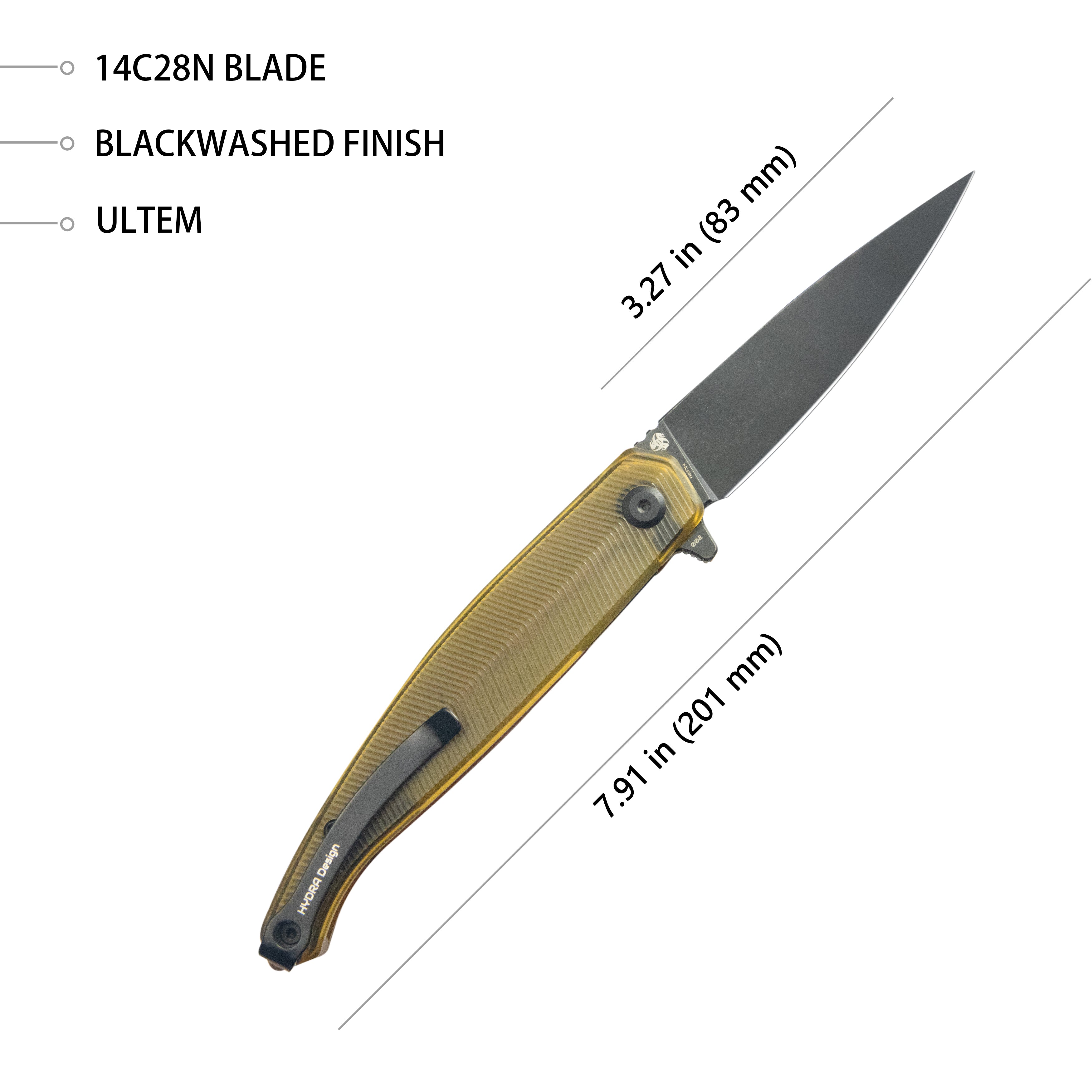 MOS Hydra Design Outdoor Flipper Folding Knife Ultem Handle 3.27" Blackwash 14C28N Blade KU361E