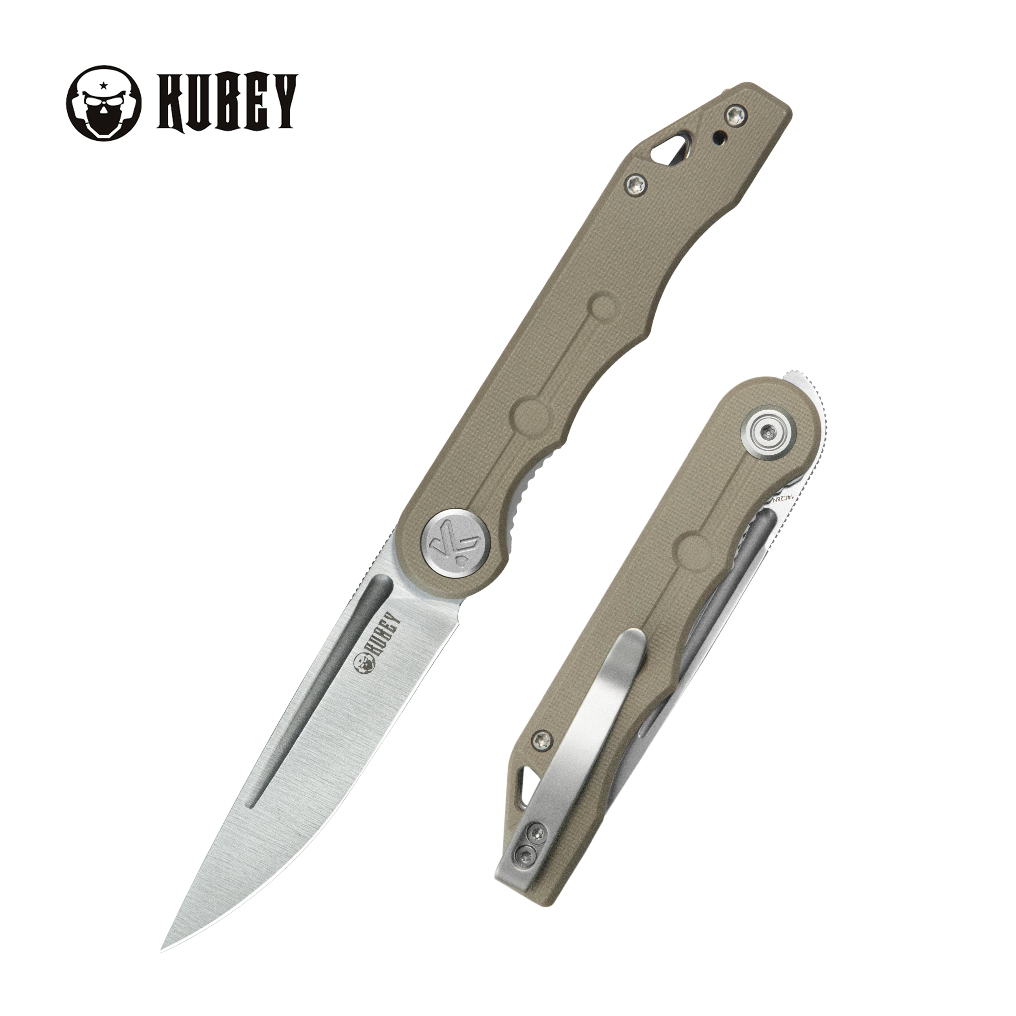 Kubey Mizo Liner Lock Front Flipper Folding Knife Tan G10 Handle 3.15" Satin 14C28N KU2101E