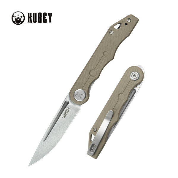 Kubey Mizo Liner Lock Front Flipper Folding Knife Tan G10 Handle 3.15