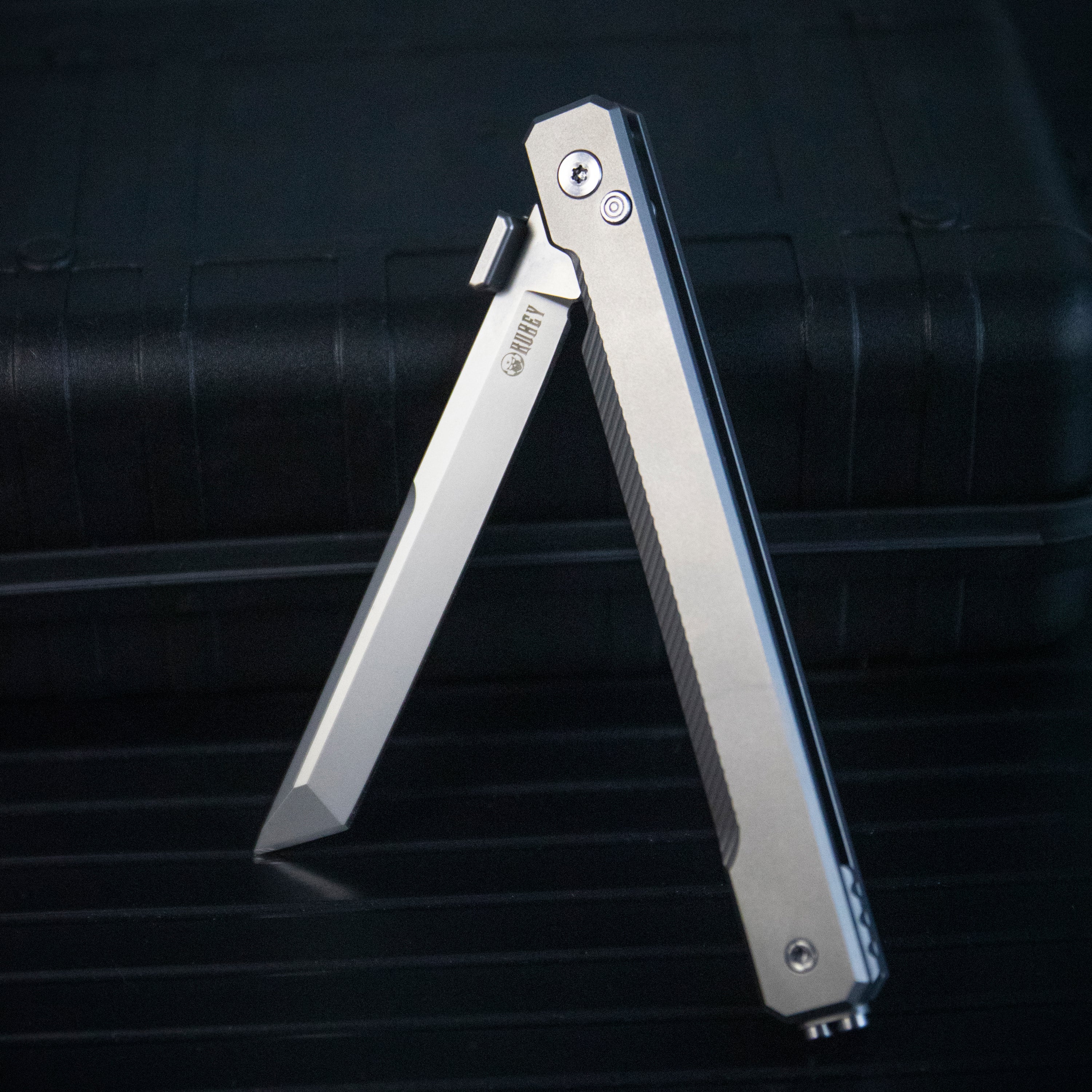 Kubey Prism Button Lock CEO Style Folding Knife Silver Grey 6AL4V Titanium Handle 3.54'' Black Coating 14C28N KB243B