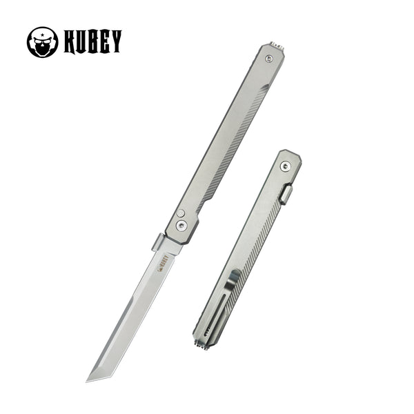 Kubey Prism Button Lock CEO Style Folding Knife Silver Grey 6AL4V Tita