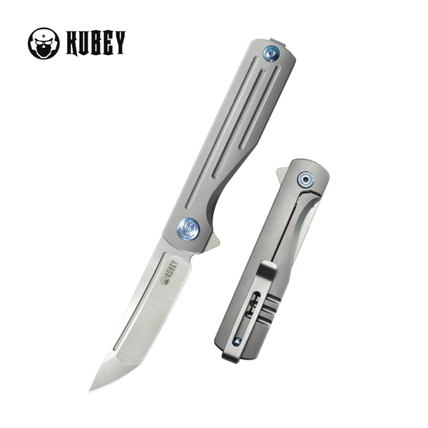Musō Flipper Everyday Carry Knife Grey Titanium Handle 2.95" Tanto Belt Satin M390 Blade KB244A