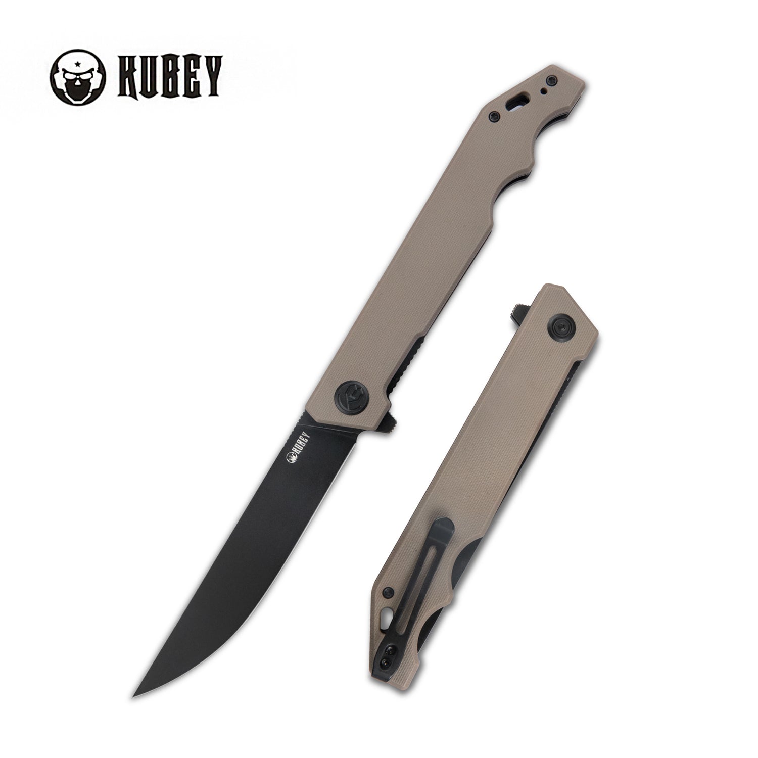 Kubey Pylades Liner Lock Flipper Folding Knife Tan G10 Handle 4.65" Blackwashed AUS-10 KU253C